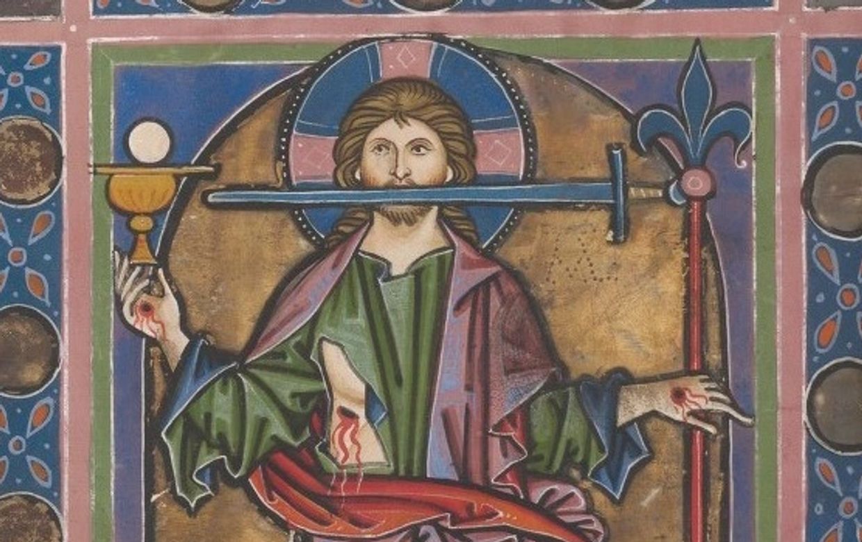 Medieval artwork depicting a figure with wounds, holding a chalice and a staff, with a sword horizontally in the mouth.