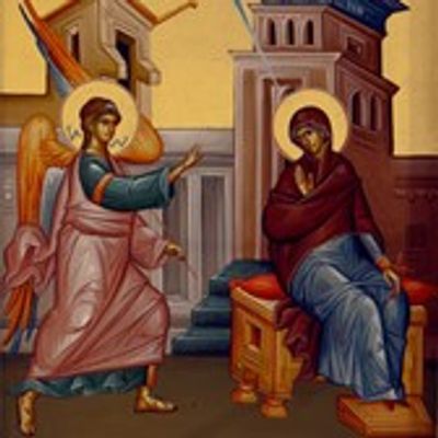Religious icon of the Annunciation with angel and Virgin Mary.