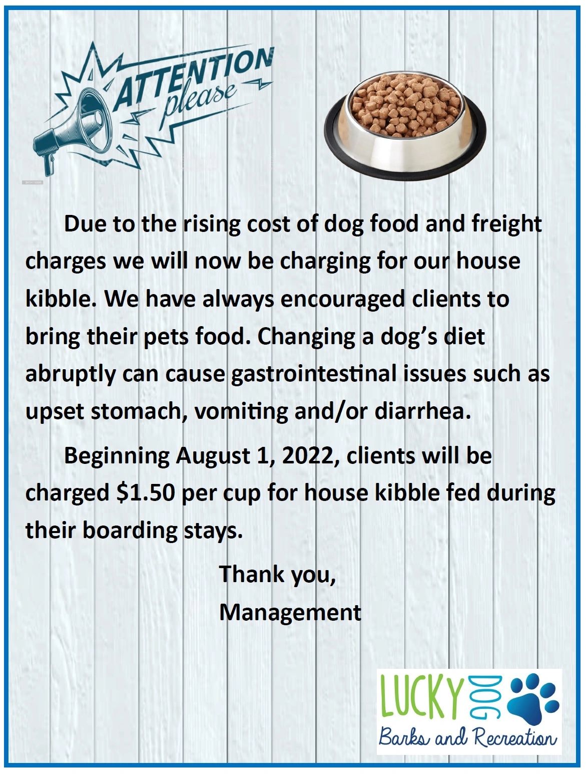 new charge for in-house dog food during boarding