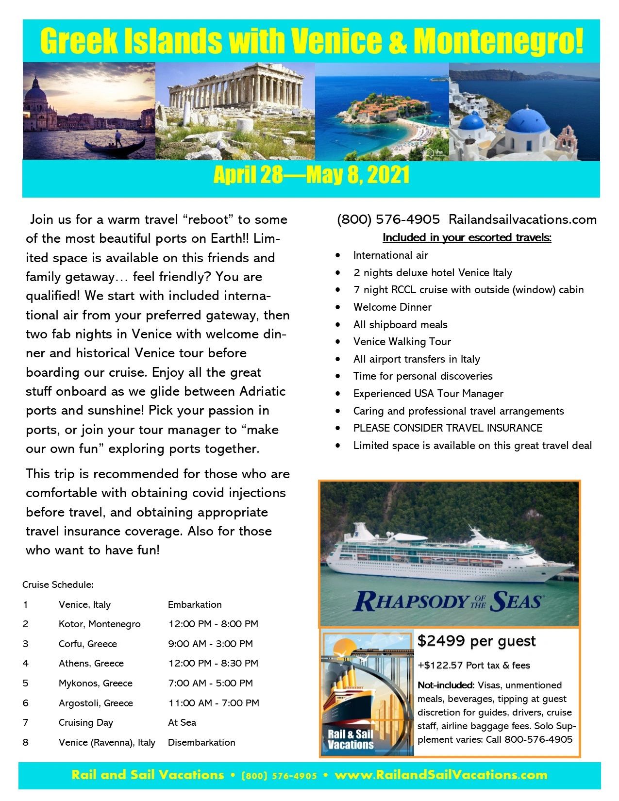 Travel advertisement for Greek Islands cruise with Venice and Montenegro, April 28-May 8, 2021.