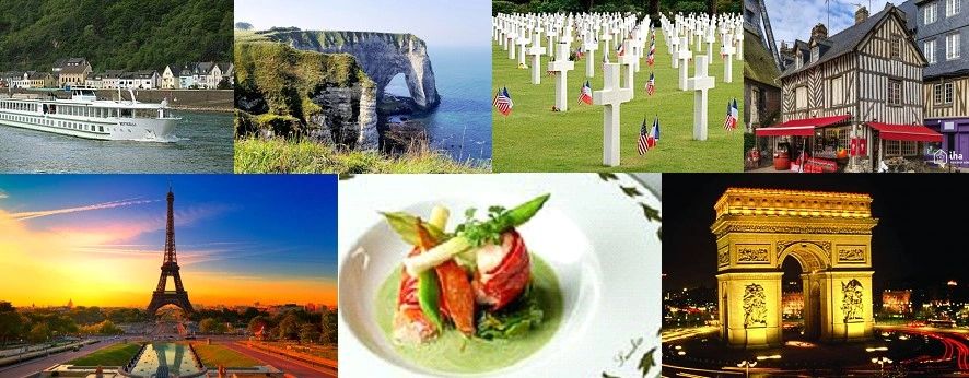 Collage of iconic French landmarks, cuisine, and historical sites.