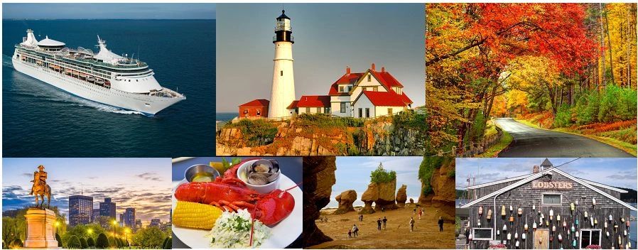 Collage of scenic and cultural landmarks including a cruise ship, lighthouse, autumn road, statue, seafood, rock formations, and a lobster shack.