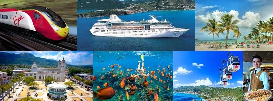 Collage of travel scenes: train, cruise, beach, city, snorkeling, cable car, and dining.