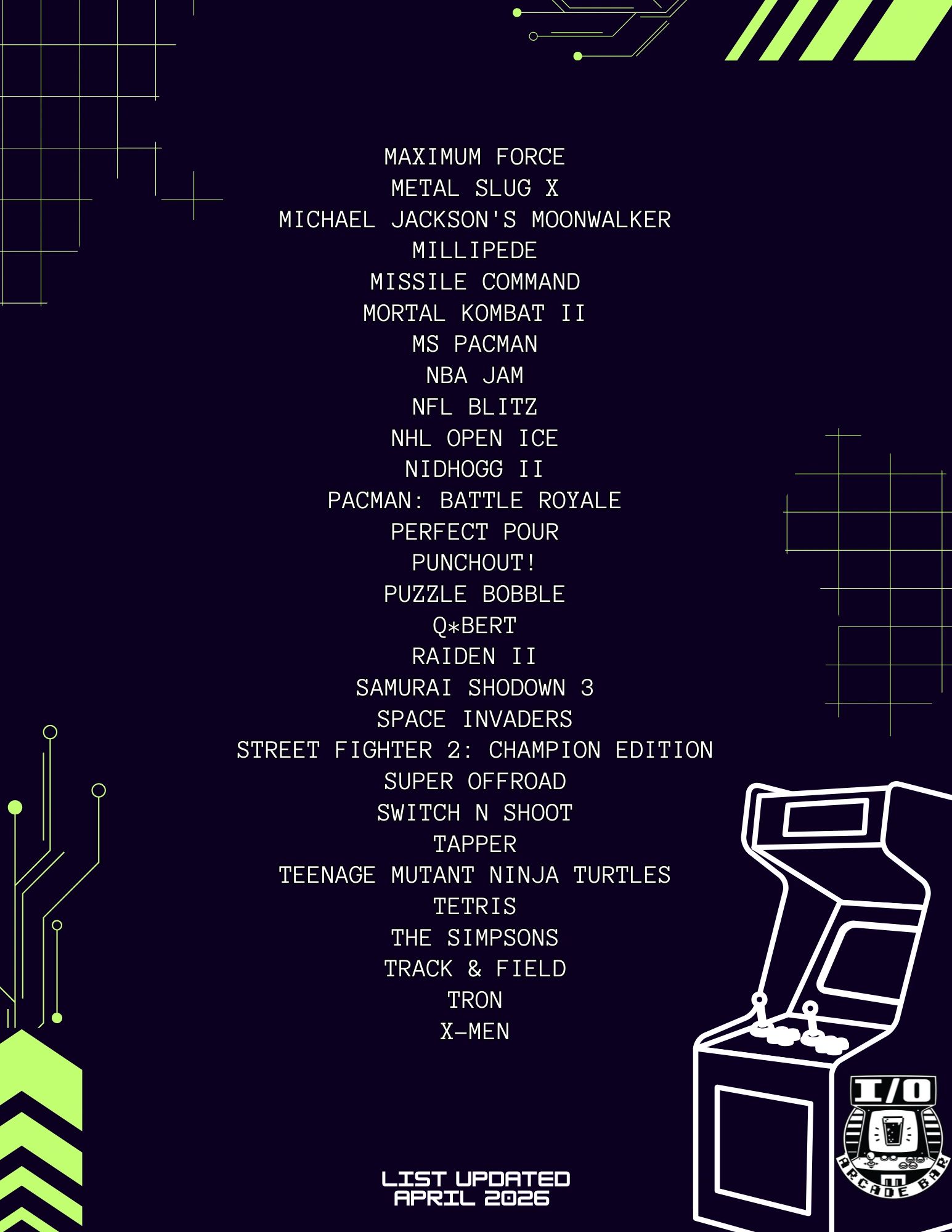 List of arcade games updated April 2026 with a retro arcade machine graphic.