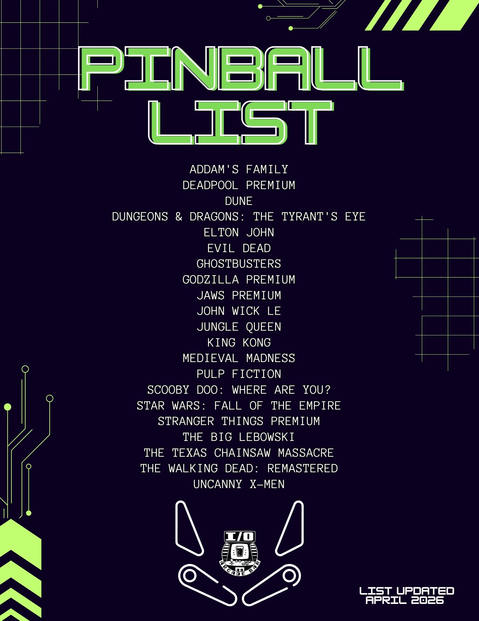 List of pinball games with neon green title and tech design.