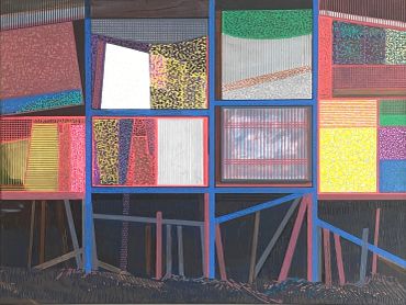 Abstract geometric artwork with colorful textured squares.
