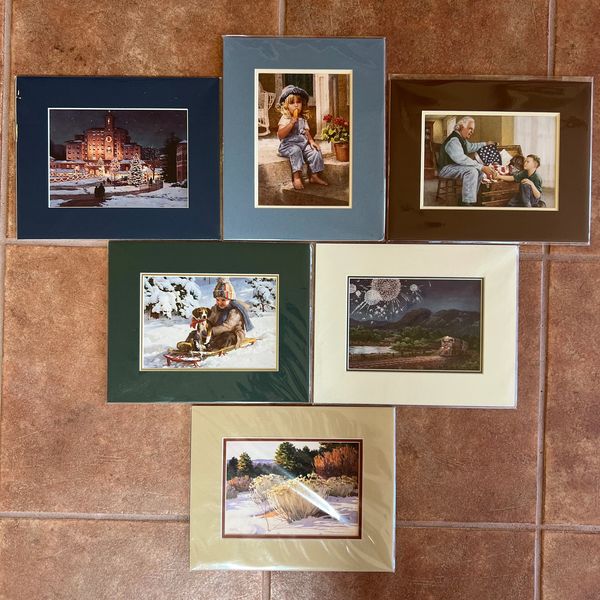 Six framed artworks depicting various scenes with children, nature, and festive settings.
