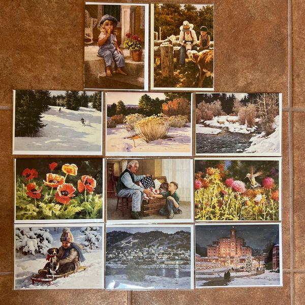 Collection of nostalgic and seasonal paintings depicting children, nature, and winter scenes.