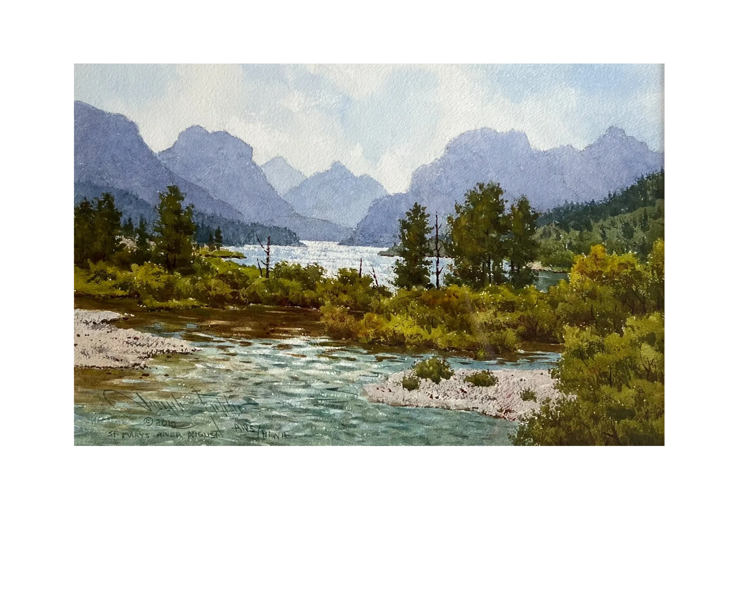 Serene mountain river landscape with lush greenery and distant peaks under a cloudy sky.