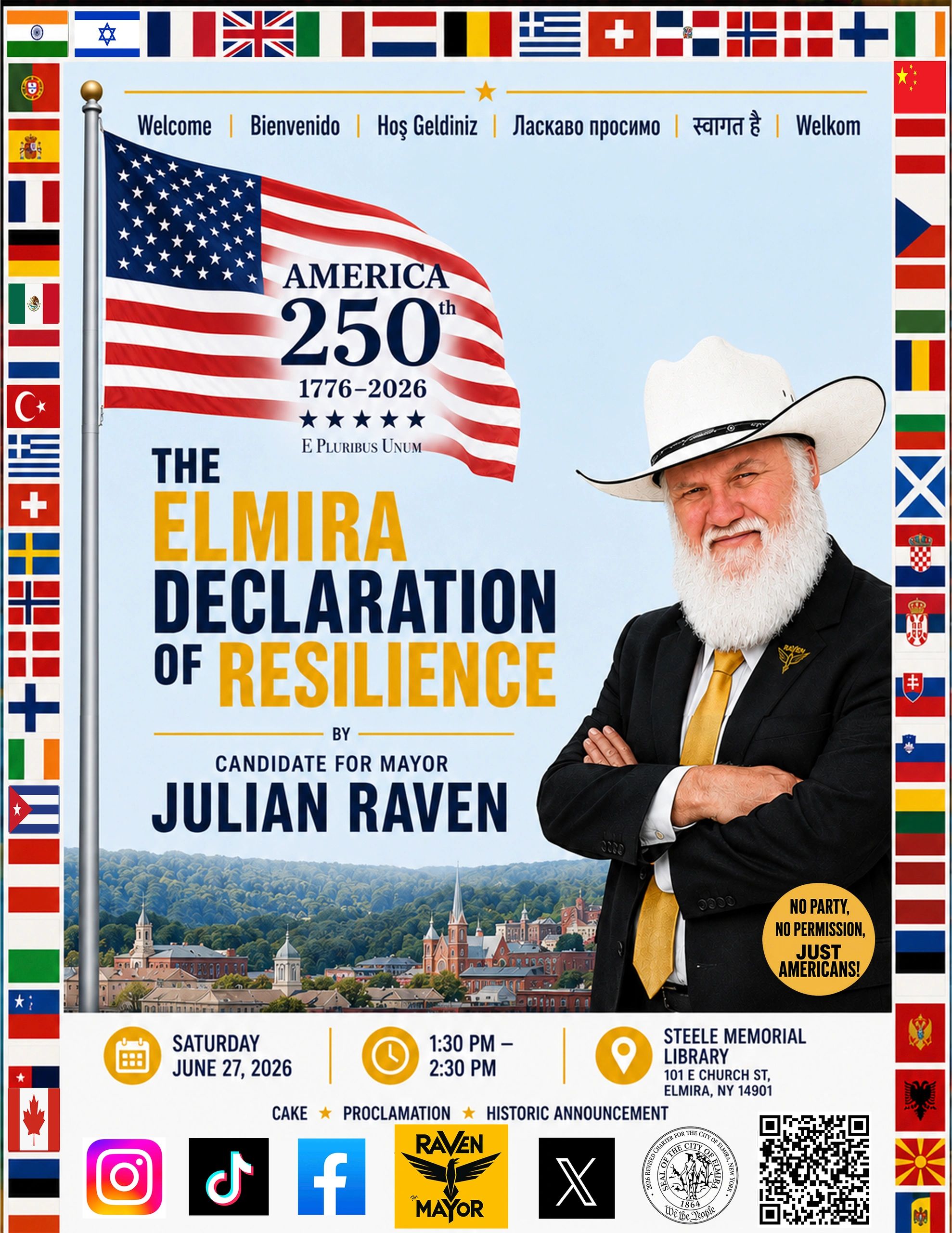 Candidate Julian Raven promotes Elmira's 250th Declaration of Resilience event.