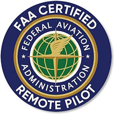FAA Certified Remote Pilot badge with globe and winged emblem.