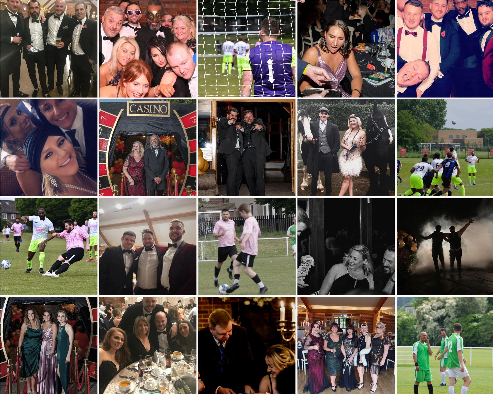 Collage of people at formal events and playing soccer.