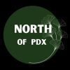Logo with text 'NORTH OF PDX' on a dark green circular background.