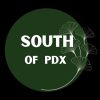 Logo with text 'South of PDX' on a dark green circular background.