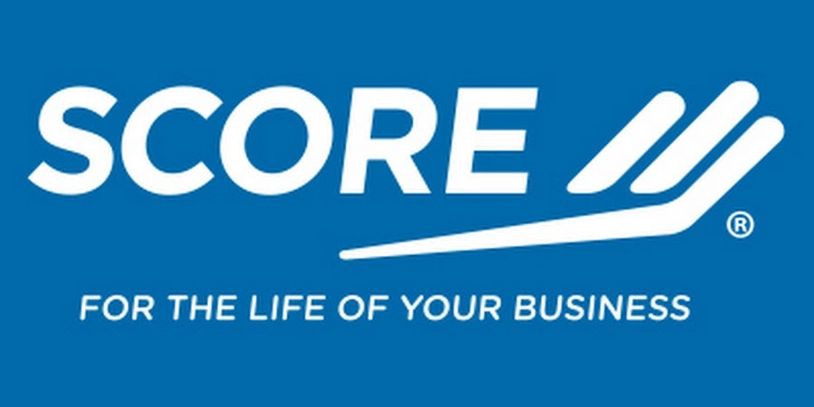 SCORE logo with tagline for business support on blue background.
