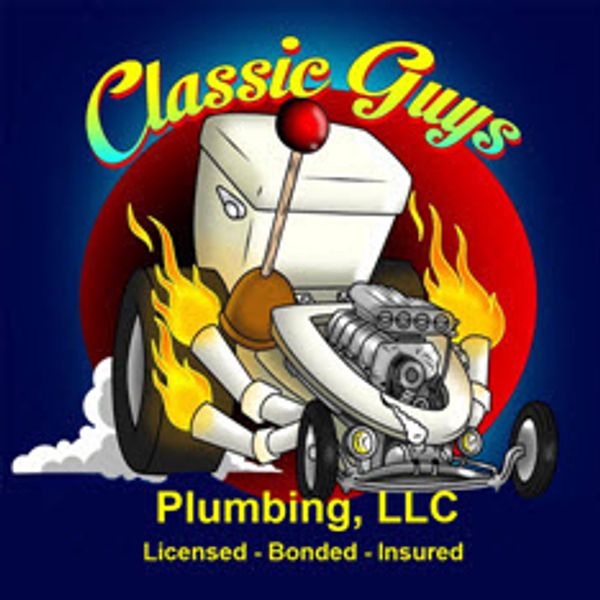 Classic Guys Plumbing logo. Has a hotrod car built out of a toilet with flames coming out of pipes.