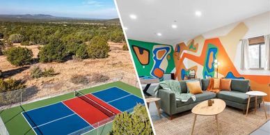 outdoor pickleball court, and the inside of a uniquely painted ADU AirBnb property in williams arizo