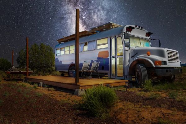 School bus converted to a glamping bus.