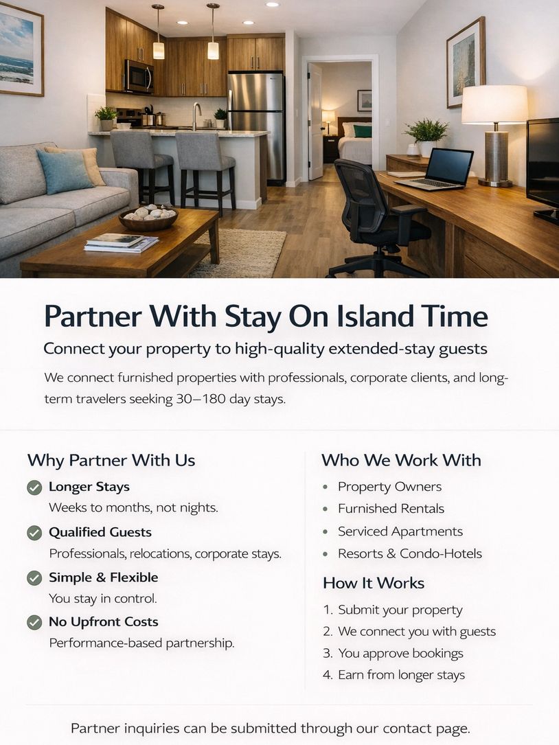 Modern furnished apartment promoting extended-stay property partnerships for professionals and corporate clients.