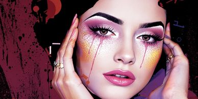 Close-up digital art of a woman with vibrant makeup and abstract background.