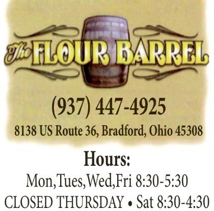 The Flour Barrel bakery with contact and hours details.
