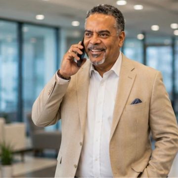 Man in beige blazer talking on phone.