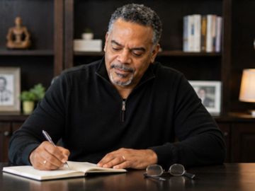 Man writing in a notebook at a wooden table.