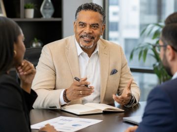 Businessman leading a discussion in a meeting.