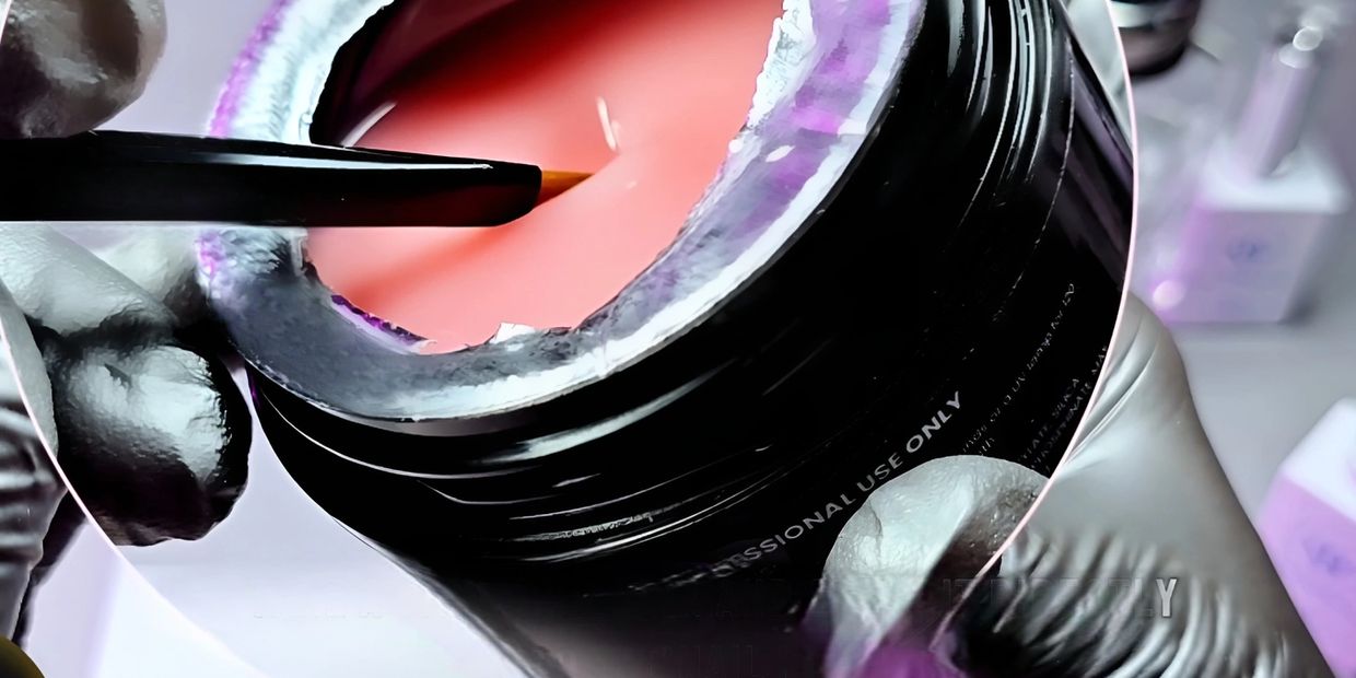Brush dipping into a jar of pink builder gel, held by a gloved hand, with a soft purple background.