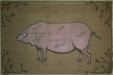 Vintage pig diagram showing meat cuts labeled on its body.