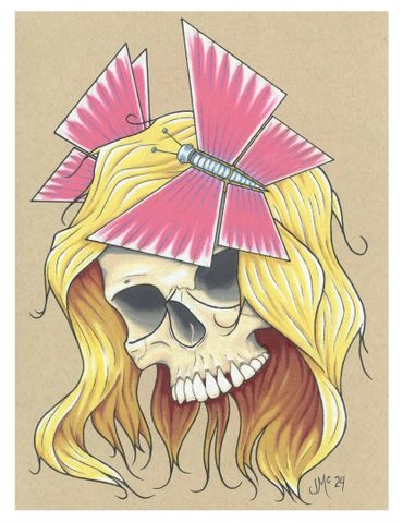 A skull with blonde hair and a large pink butterfly on top.
