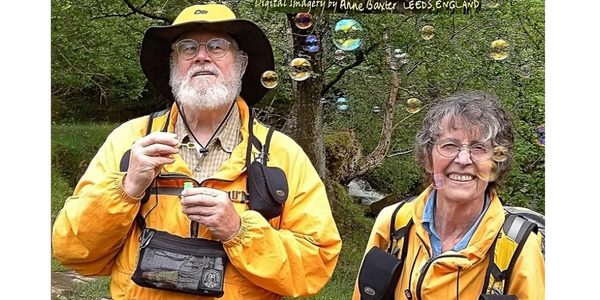 Fred and Donna blowing bubbles along the Britishfootpath trails.