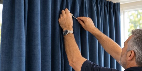 Man installing or adjusting blue curtains.