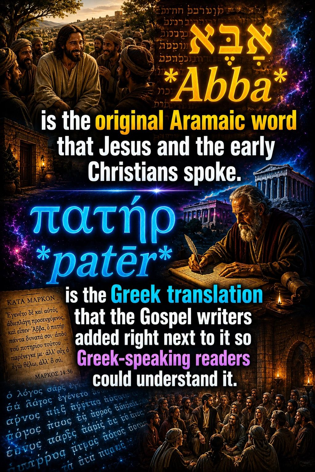 Explanation of 'Abba' and 'patēr' in early Christian language context.