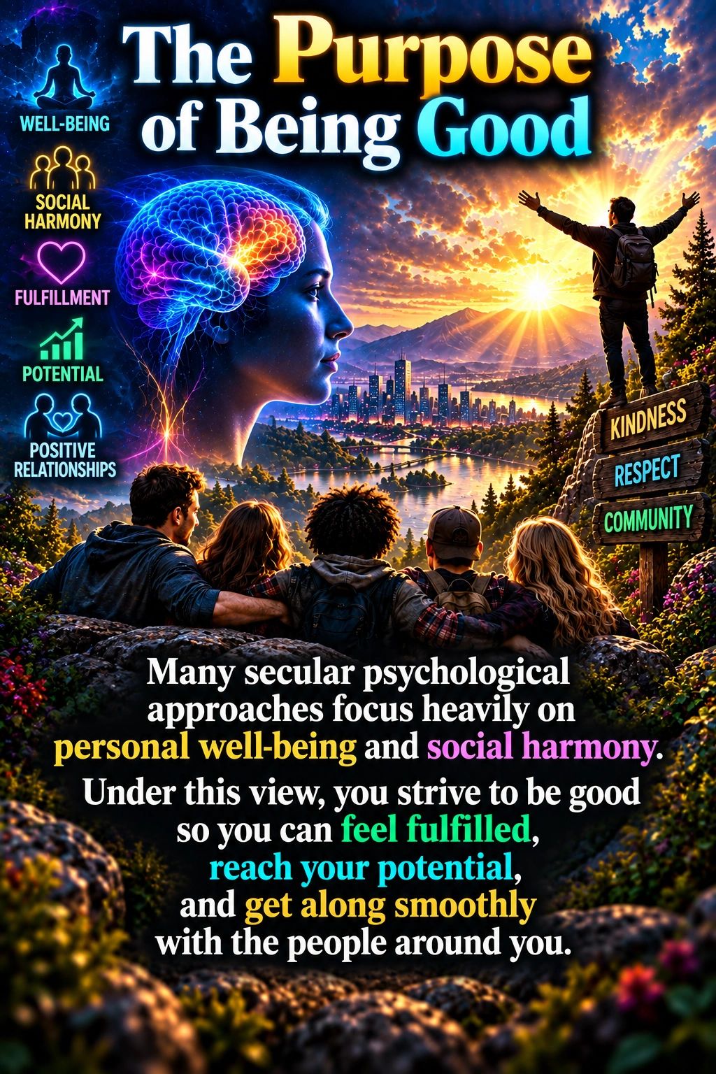The purpose of being good involves well-being, social harmony, fulfillment, potential, and positive relationships.