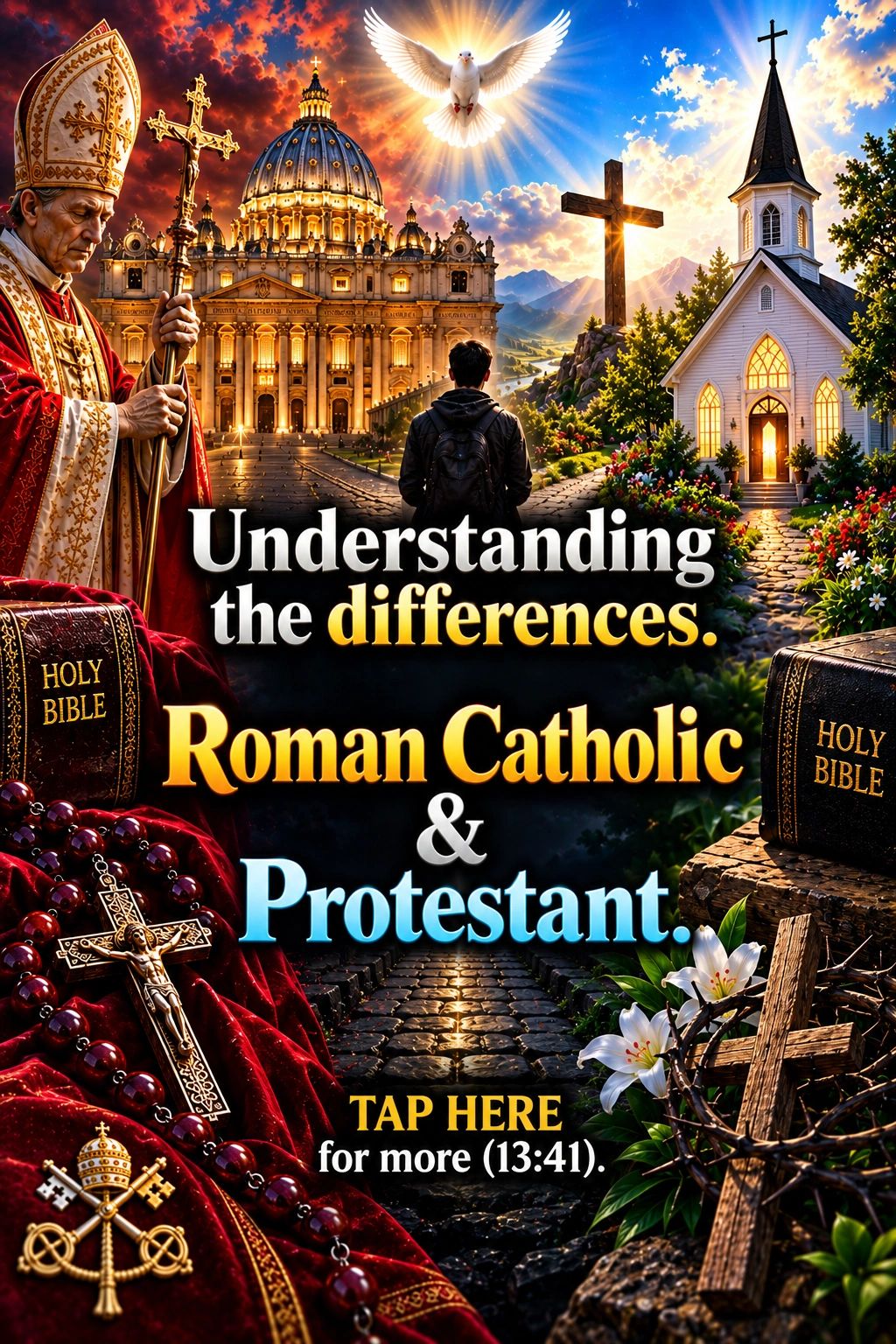 Visual comparison of Roman Catholic and Protestant symbols and architecture.