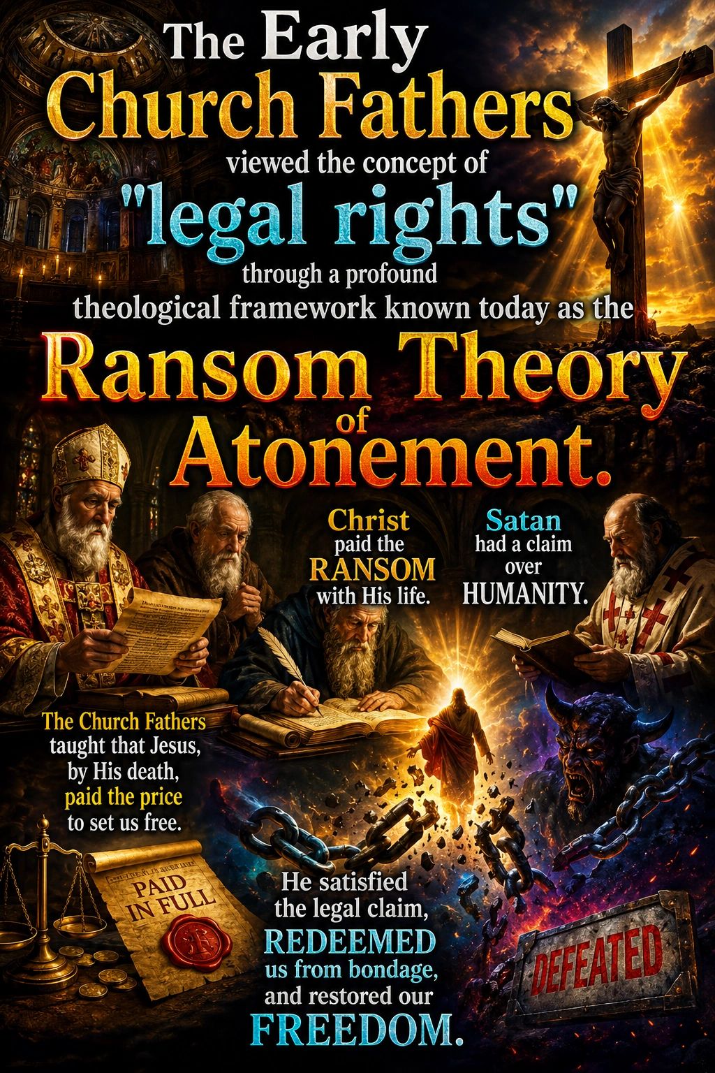 The Early Church Fathers' Ransom Theory of Atonement explained with imagery of Christ and Satan.