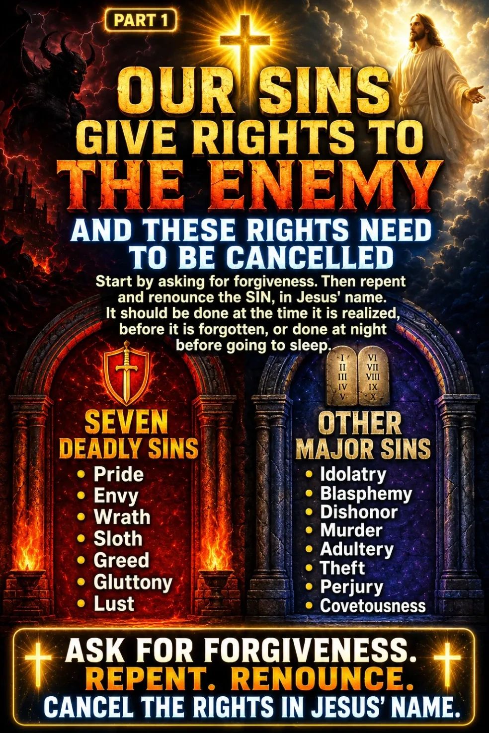 Image listing seven deadly sins and other major sins with a message about forgiveness and renouncement in Jesus' name.