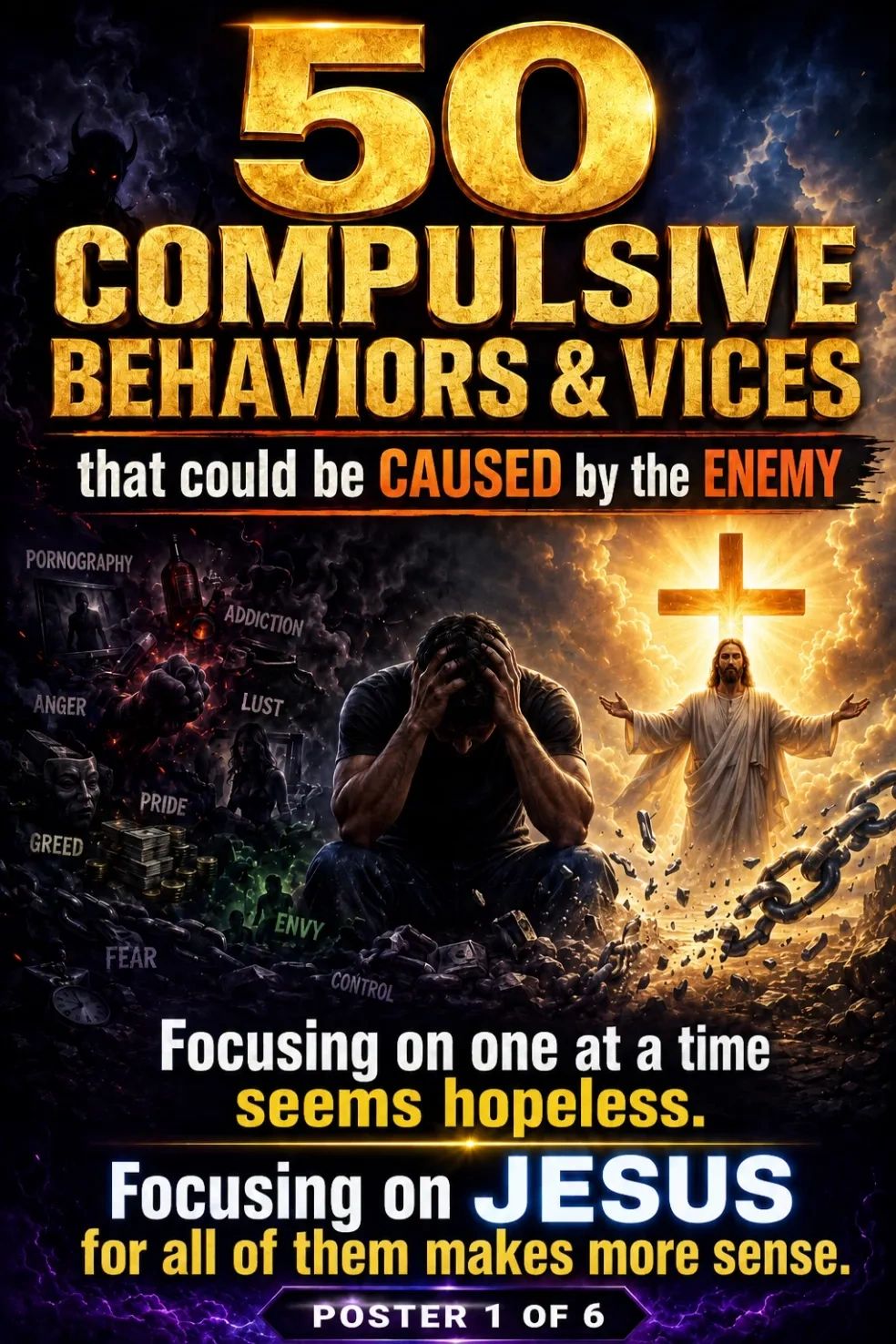 50 compulsive behaviors and vices caused by the enemy, focusing on Jesus for hope.