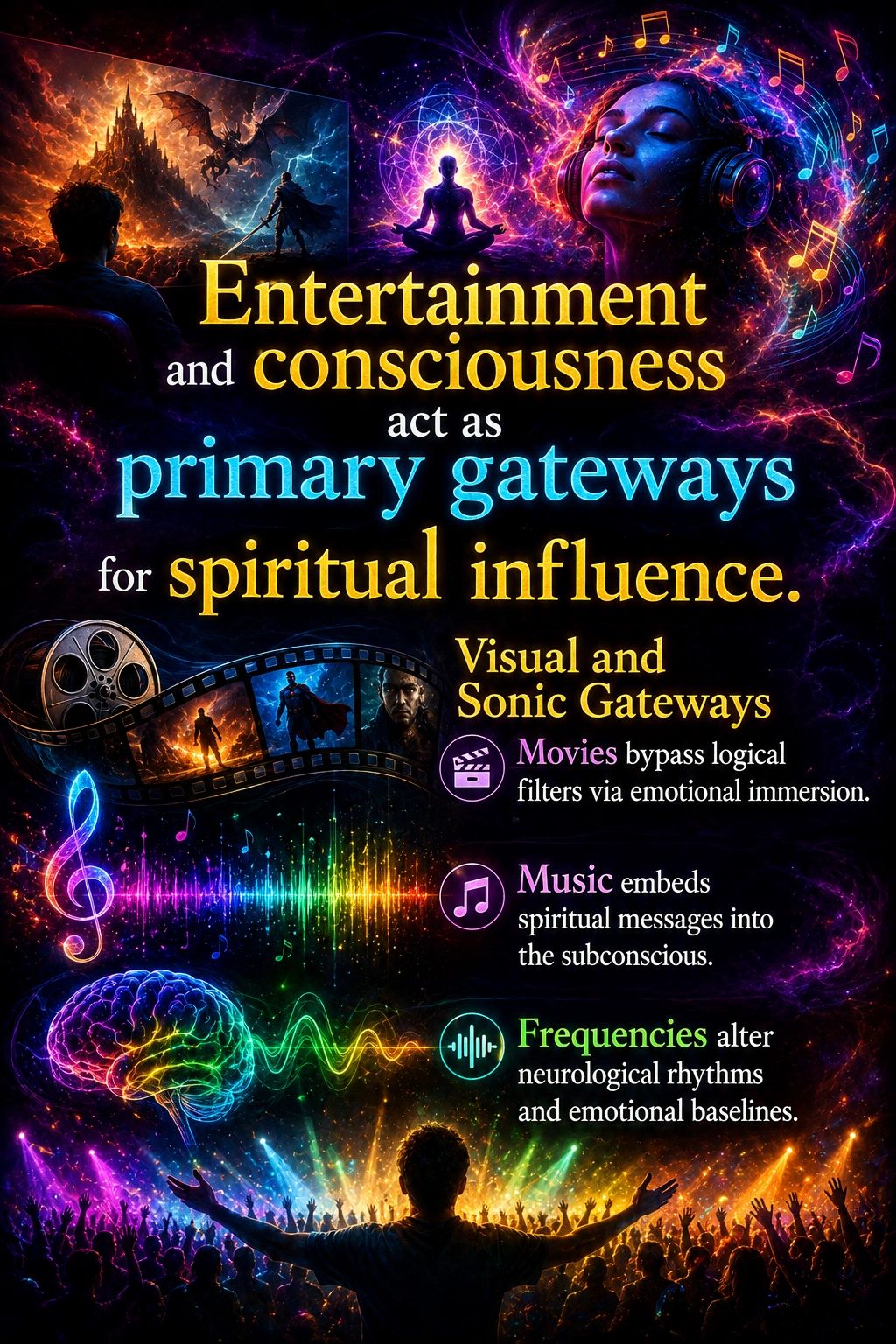 Entertainment and consciousness as gateways to spiritual influence.