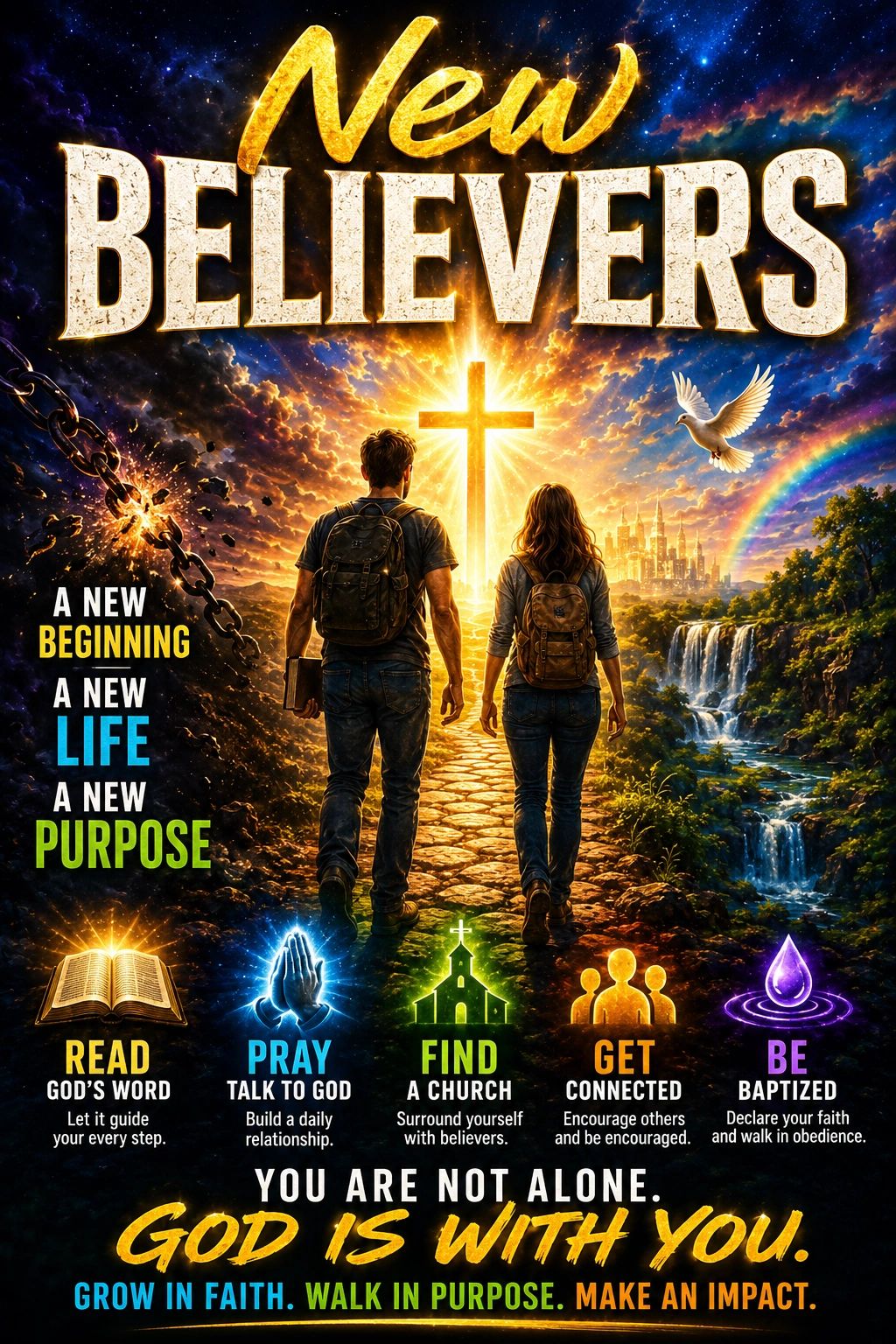 A spiritual journey with faith, prayer, church, and baptism beside a glowing cross.