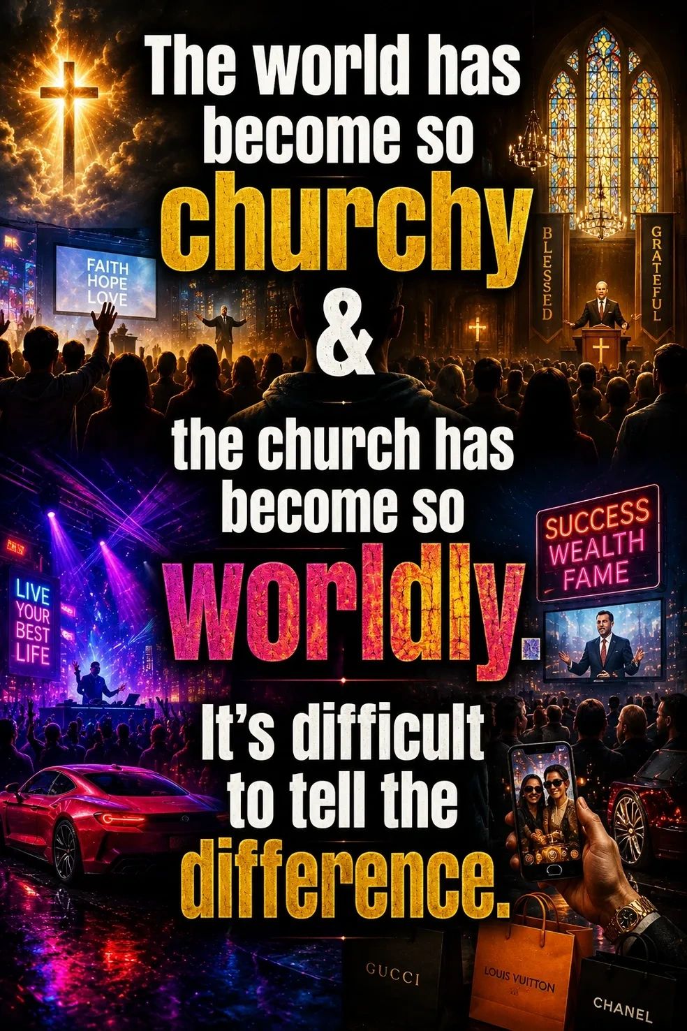 Contrast between church and worldly life with a meaningful quote.