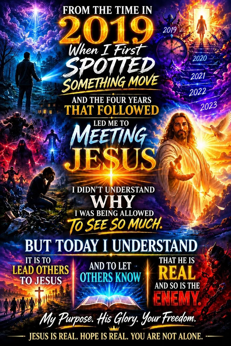 A vibrant spiritual journey from 2019 leading to meeting Jesus, highlighting faith and purpose.