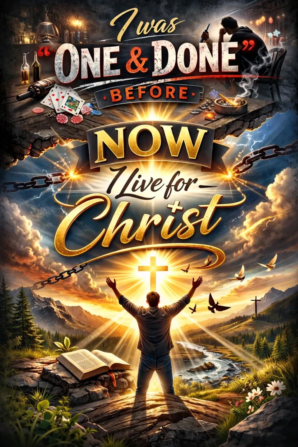 A man embraces faith with open arms towards a glowing cross.