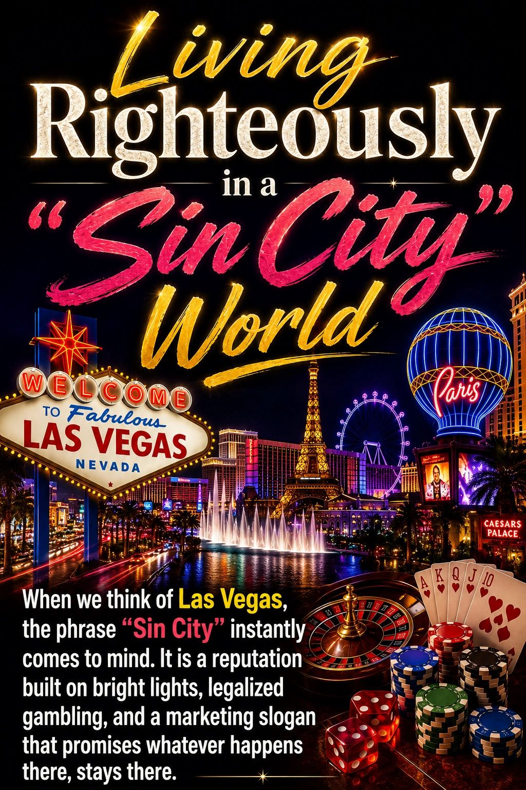 Las Vegas nightscape with a message about living righteously in a sin city world.