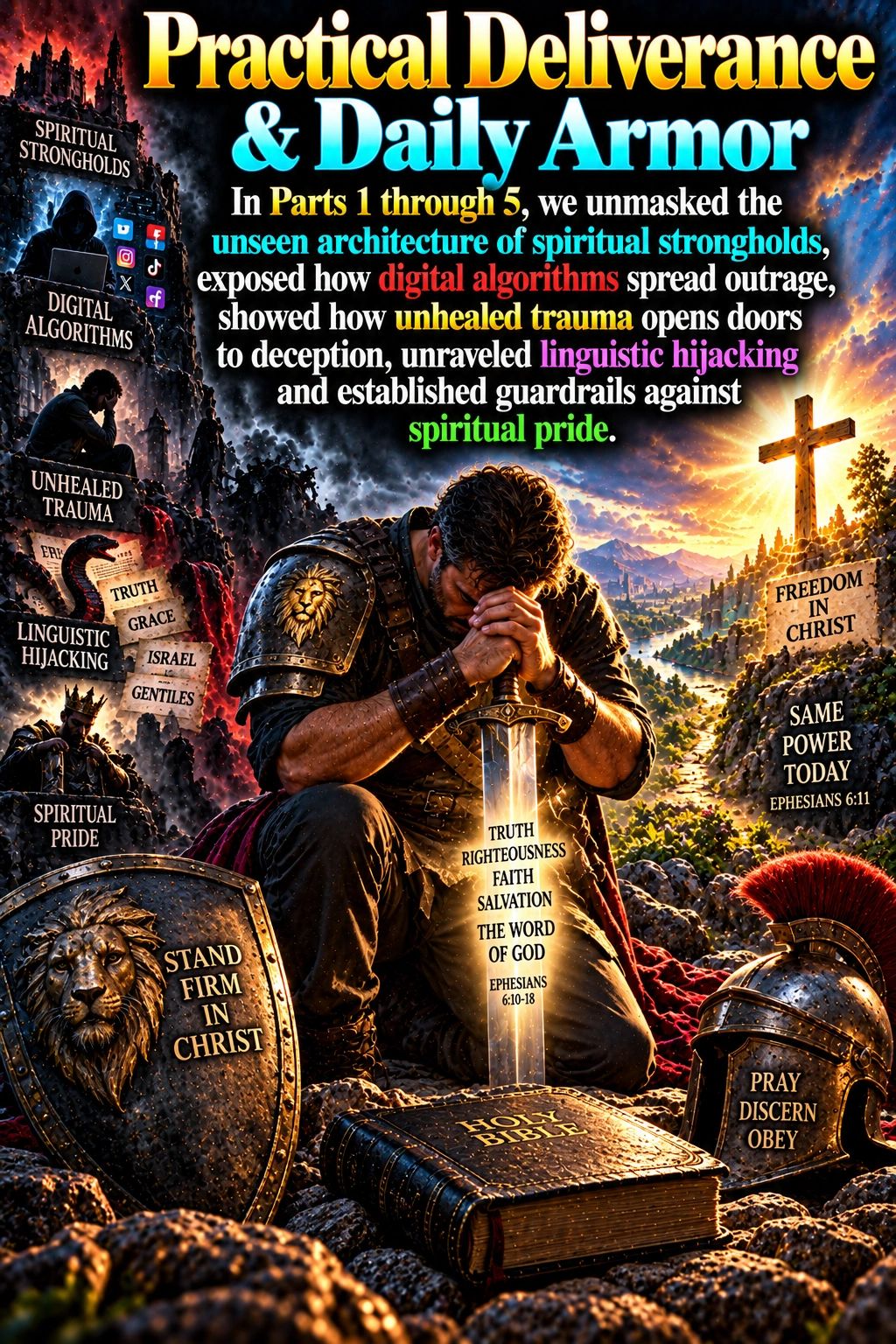 Christian knight praying in armor with spiritual and biblical themes.