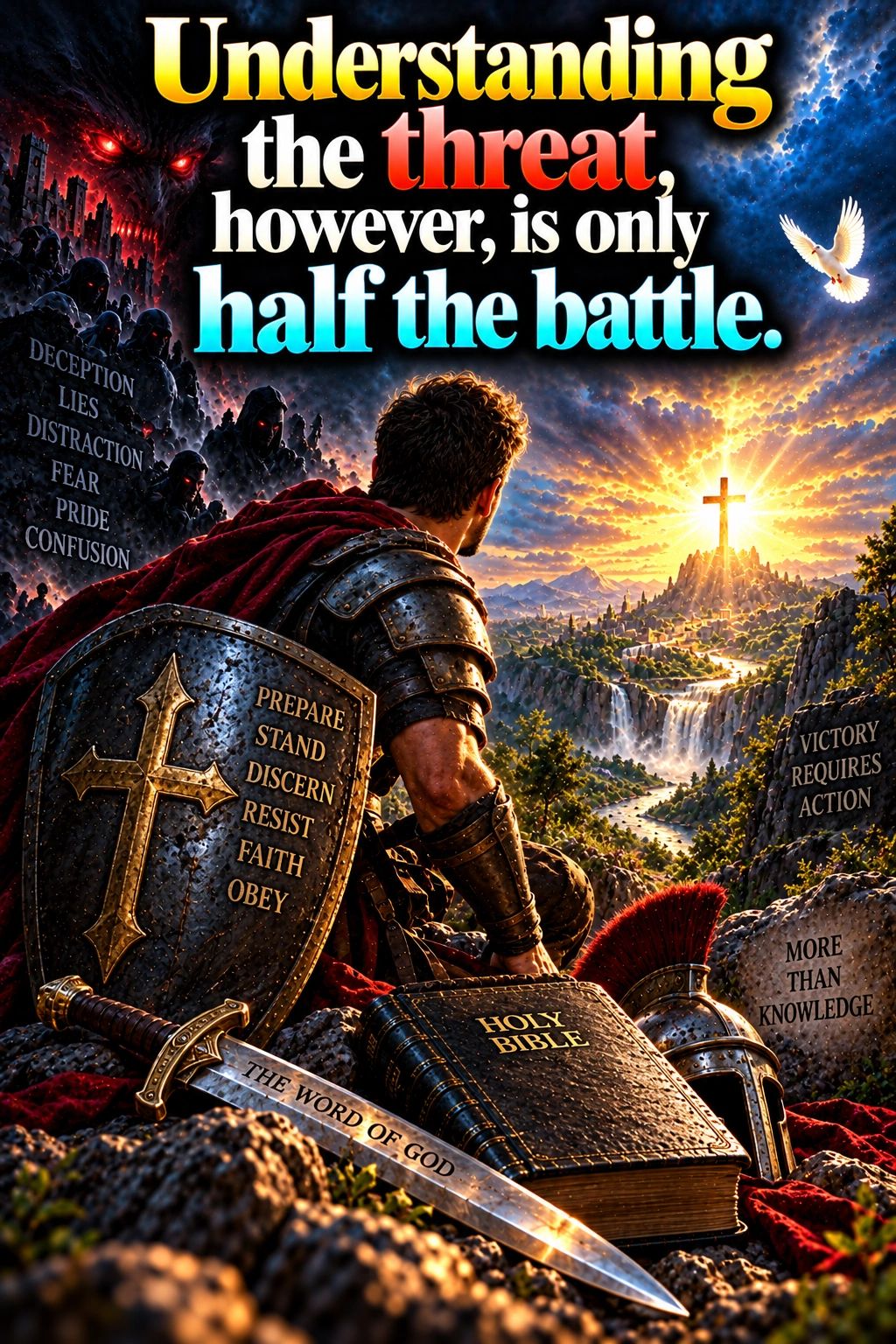 A warrior contemplates a glowing cross with biblical elements and a looming dark threat.