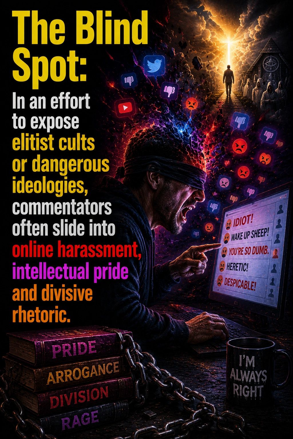 Blindfolded man shouting at hateful comments on a screen, surrounded by chained books of negative traits.
