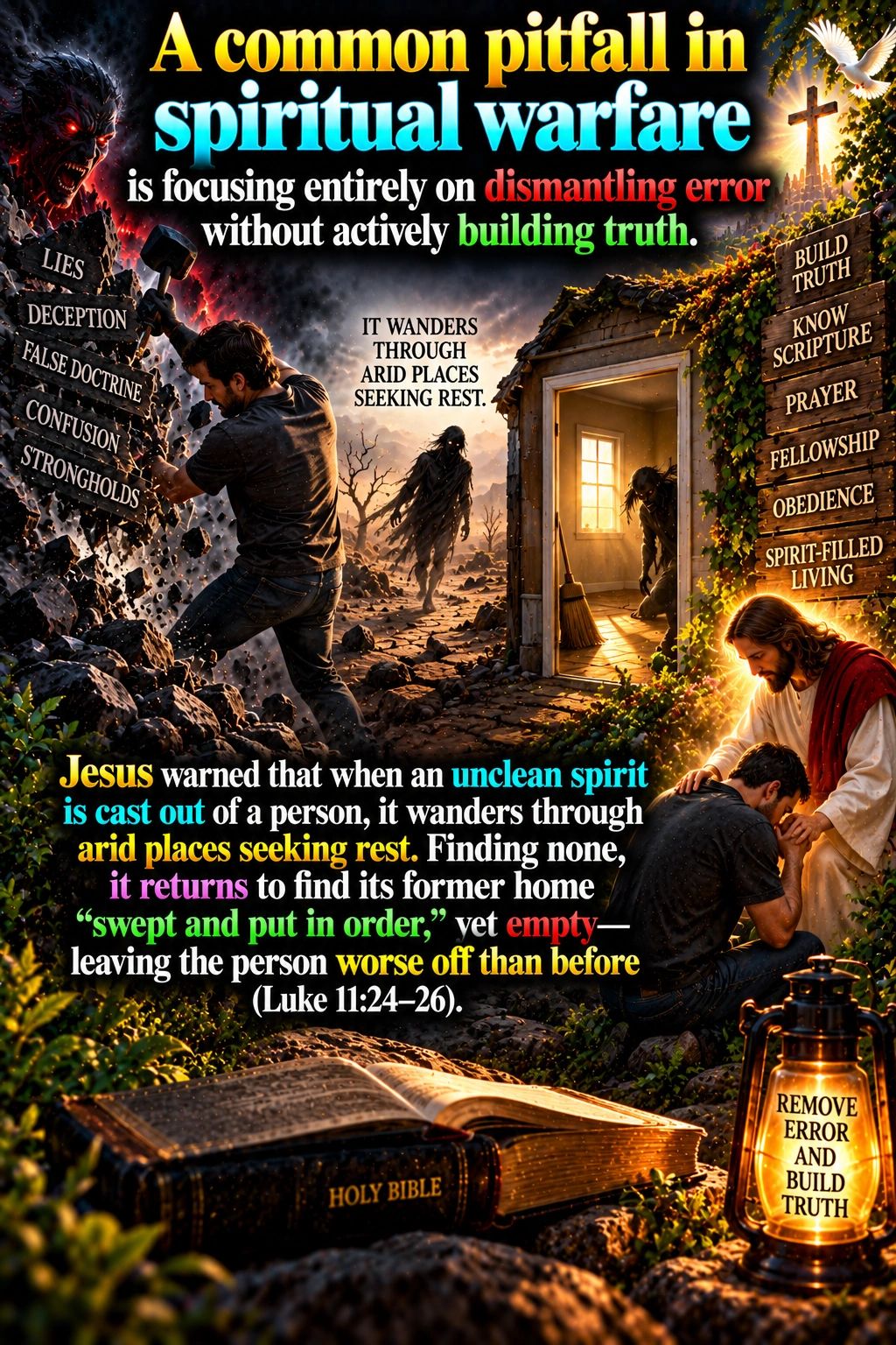 A warning about spiritual warfare pitfalls and building truth through scripture and prayer.