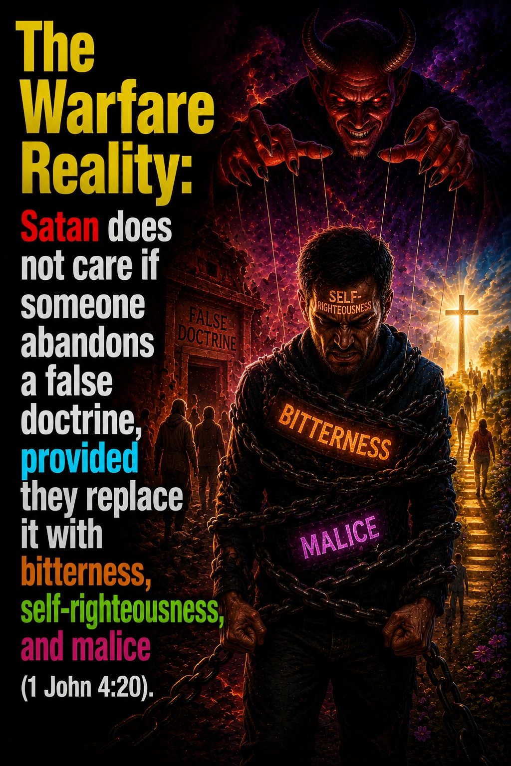 A man chained and controlled by Satan, symbolizing bitterness, malice, and self-righteousness, contrasted with the path to the cross.